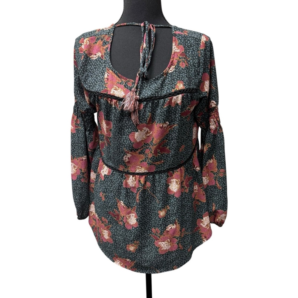 Knox Rose Boho Floral Peasant Blouse Blue Burgundy Medium Tassel